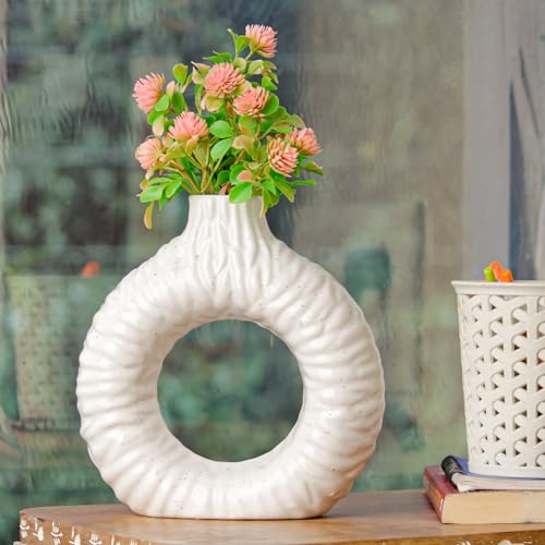Medhini by Earth Store 7.3 Inch White Ring Textured Ceramic Vase for Living Room, Garden, Flower, Balcony, Bedroom | Flower Pot for Home Decor Set of 1 (Plant Not Included)