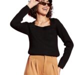 Black Rib Square Neck Full Sleeves Sweater