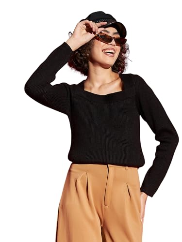 Black Rib Square Neck Full Sleeves Sweater