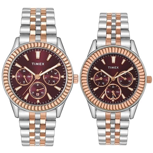 TIMEX Analog Watch for Unisex with Burgundy Round Dial & Multicolor Stainless Steel Bracelet Band Water Resistant Unisex Wrist Watches – TW0PRE003