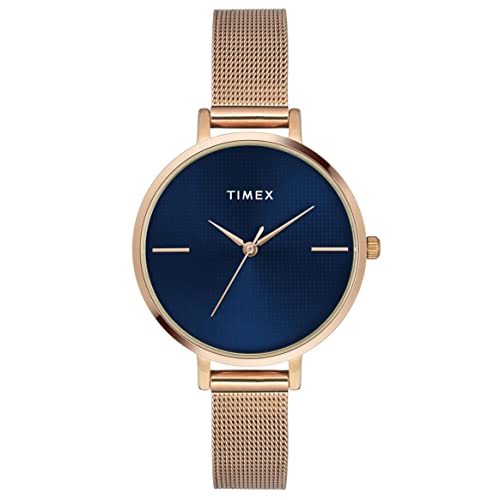 TIMEX Analog Watch for Women with Blue Round Dial & Rose Gold Stainless Steel Bracelet Band Water Resistant Women’s Wrist Watches – TWEL155SMU07