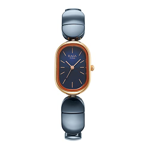 Titan Raga Ceramics Quartz Analog Midnight Blue Dial Two Toned Blue Ceramic & Rose Gold Stainless Steel Strap Watch for Women – NS95147KD01
