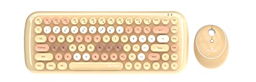 Coconut Bling Typewriter Inspired 2.4GHz Retro Wireless Keyboard and Mouse Set with USB Support, Round 84 Keycaps for PC & Laptop (Milk Tea)