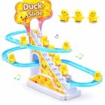 TEC TAVAKKAL Duck Slide Toy Set, Funny Automatic Stair-Climbing Ducklings Cartoon Race Track Set Duck Roller Coaster Escalator Toy with Flashing Lights & Music (Duck Slide Track Set)
