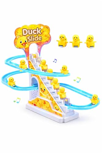 TEC TAVAKKAL Duck Slide Toy Set, Funny Automatic Stair-Climbing Ducklings Cartoon Race Track Set Duck Roller Coaster Escalator Toy with Flashing Lights & Music (Duck Slide Track Set)