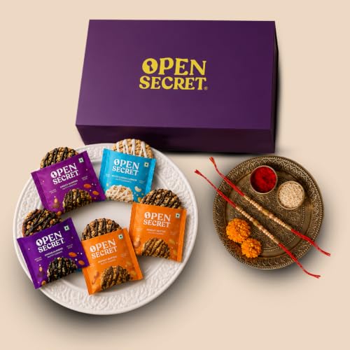 Open Secret Rakhi Set for Brother | Combo of 8 | Rakhi Gift for Brother & Bhabhi, Gift Hamper, Rakshabandhan Gifts for Sister, Assorted Cookies with Rakhis & Roli Chawal Tilak Set