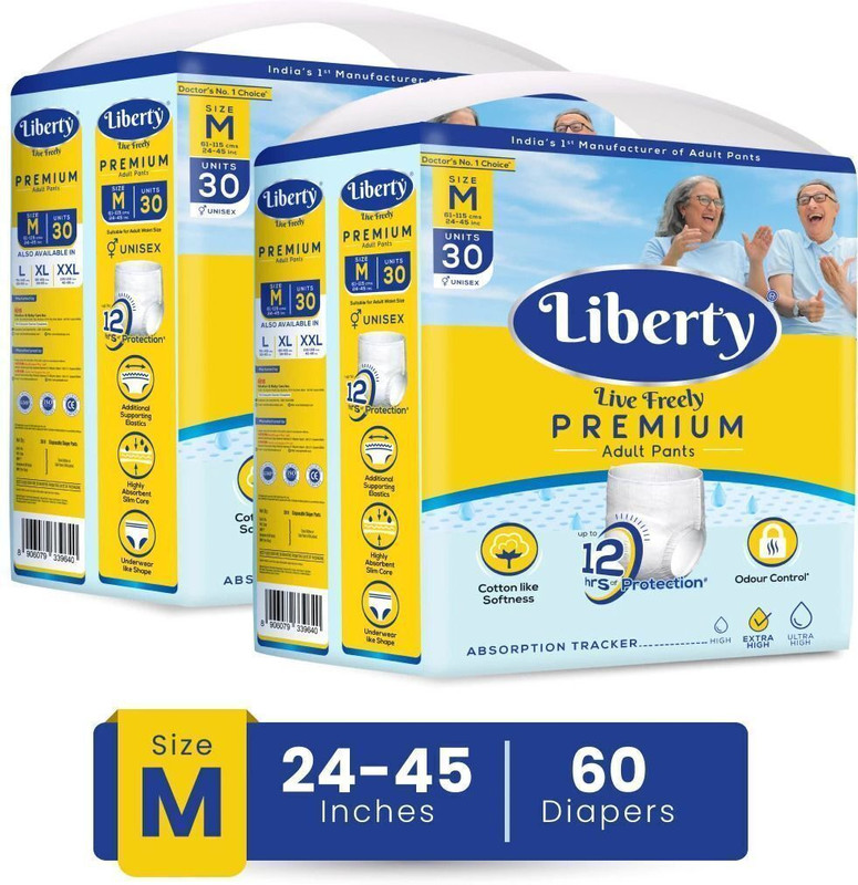 Liberty Premium Adult Diaper Pants, Waist Size (24-45 Inches), 30 Pieces Adult Diapers – M(60 Pieces)