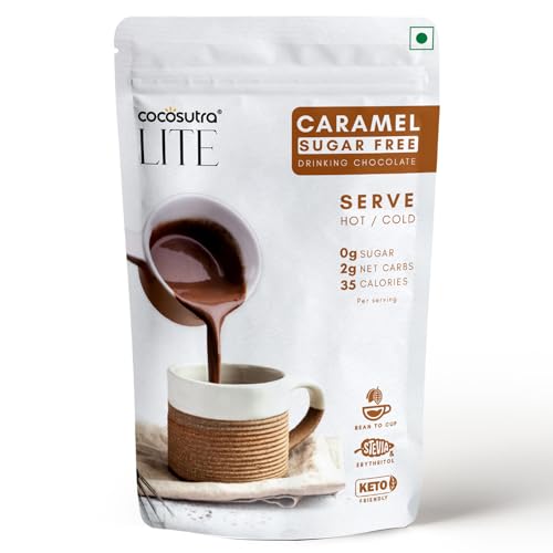 COCOSUTRA SUGAR FREE Drinking Chocolate Mix – Caramel | Zero Sugar, Low Carb, Low Calorie | Stevia & Erythritol based | Keto Friendly Hot Chocolate | Vegan | Enjoy hot or cold | 200g