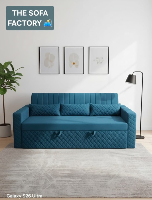 The Sofa Factory Tsfscb786 3 Seater Double Solid Wood Pull Out Sofa Cum Bed(Finish Color – Teal Delivery Condition – Pre-Assembled)