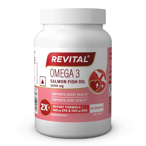 Revital Omega 3 Salmon Fish Oil 1000mg Capsules with EPA 180mg & DHA 120mg | Triglyceride Form | Supports Heart, Joint & Brain Health | Vitamin E Enriched | No Fishy Burps | 60 Capsules | Heavy Metal Tested