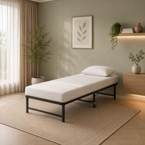 Studio GKW Metal Folding Iron Bed Single for Sleeping with Premium Mattress | (3ft x 6ft, Black) Wrought Iron Foldable Bed Frame with Lockable Wheels | Ideal for Homes, Guest Rooms & Hostels