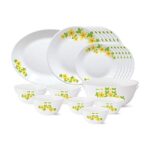 Larah by Borosil – Tiara Series, Golden Shower, 27 Pcs, Opalware Dinner Set, White
