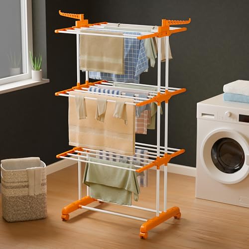 Happer Premium Clothes Stand for Drying with Wheels | Portable | 3 Layer Rack for Balcony | Foldable Wings | 24 Hanger Rods | Anti Rust Steel Metal (Orange | Prince Jumbo)