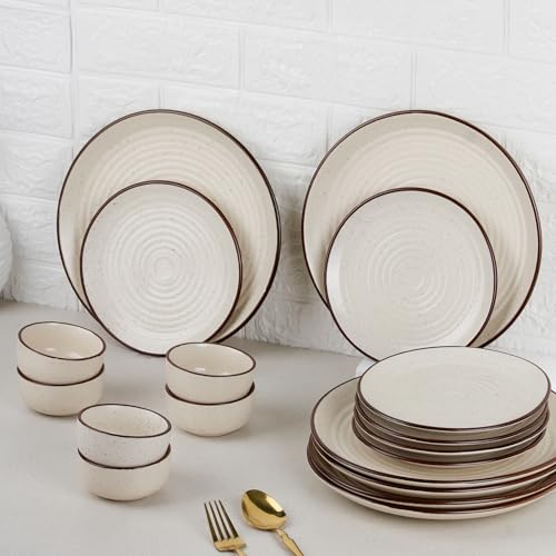The Earth Store Spiral White Ceramic Dinner Set of 18 Pieces Serving for 6, Microwave and Dishwasher Safe Plates & Bowls for Dining, Bone-Ash Free Crockery Set for Dining and Gifting
