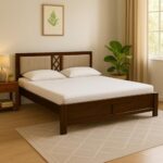 EXCEL International Solid Sheesham Wood Queen Size Bed Without Storage | Wooden Double Bed & Upholstered Cushined Headboard for Bedroom | Rosewood, Provincial Teak Finish