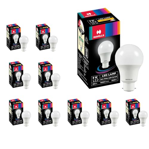Havells 9W LED B22 Bulb |Warm White|Energy Efficient|Upto 4KV Surge Protection|High Voltage Protection |Premium and Beautiful Lighting for Home and Office| Made in India|Pack of 10