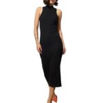 barcino Black Rib Sleeveless Turtle Neck Midi Dress