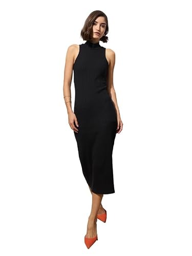 barcino Black Rib Sleeveless Turtle Neck Midi Dress