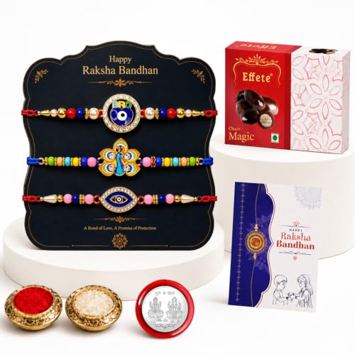 Oblivion Rakhi with Chocolate for Brother – BRO Charm, Peacock & Evil Eye Design Rakhi Combo with Chocolate Magic 32gm, Silver Color Pooja Coin, Greeting Card & Tilak Set (K3_1018+1066+1007_EM32)