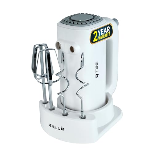 iBELL WHISK350 Electric Hand Mixer – 350W with 5 Speed Control, Stainless Steel Beaters & Dough Hooks for Baking, Whipping & Mixing (White)