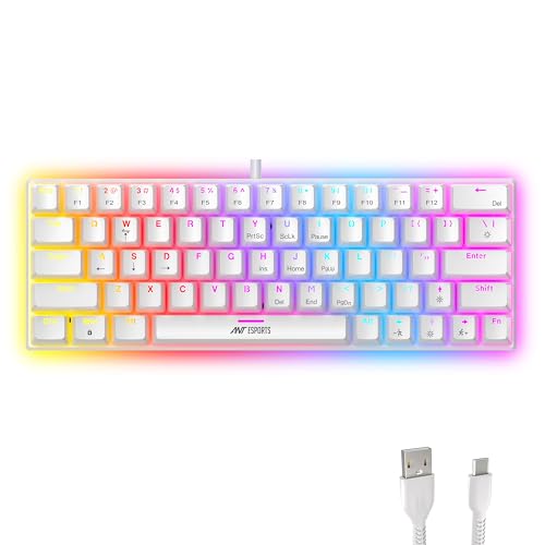 Ant Esports MK1200 Mini 60% Wired Mechanical Gaming Keyboard – Red Switch, Rainbow Backlit, 61 Keys, Anti-Ghosting, USB, Compact TKL – Compatible with Windows, macOS, PS5, Xbox, Laptop & PC (White)