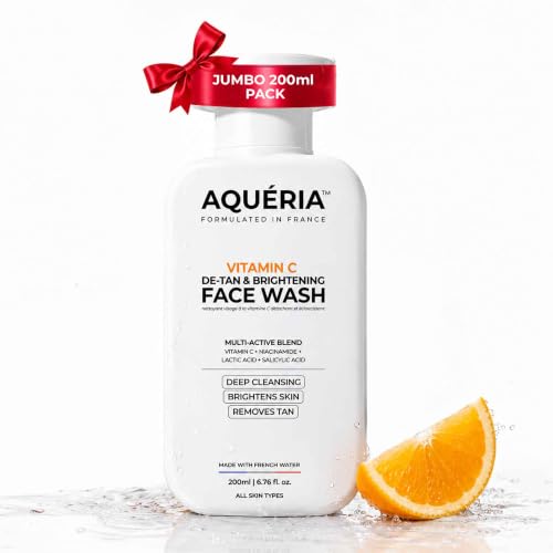 Aqueria Jumbo 200ml Face Wash For De-Tan & Brightening Vitamin C | With Lactic Acid & Niacinamide | Deep Cleansing Face Cleanser for Tan Removal, Pigmentation, Dark Spots, Dull & Uneven Skin Tone | Brightens Skin & Gently Exfoliates | Non-Drying Formula for All Skin Types | 3 Month Pack | Men & Women Gentle Cleanser