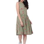 Tokyo Talkies Women Olive Green Printed Fit and Flare Dress