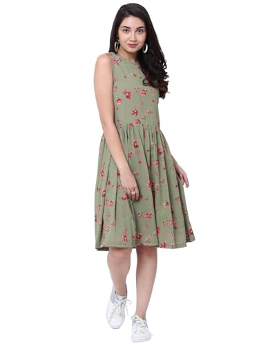 Tokyo Talkies Women Olive Green Printed Fit and Flare Dress