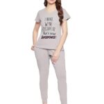 Clovia Women’s Cotton Text & Graphic Print Top & Solid Jogger Set (LS0557P01_Grey_S)
