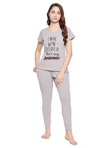 Clovia Women’s Cotton Text & Graphic Print Top & Solid Jogger Set (LS0557P01_Grey_S)