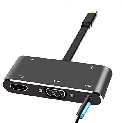CableDeconn USB C HDMI VGA Hub, USB-C Type-c to HDMI 3840×2160 4K 15 Pin VGA Port USB3.0 USB C PD Audio 3.5mm Docking Cable Adapter (Black) (A0205)