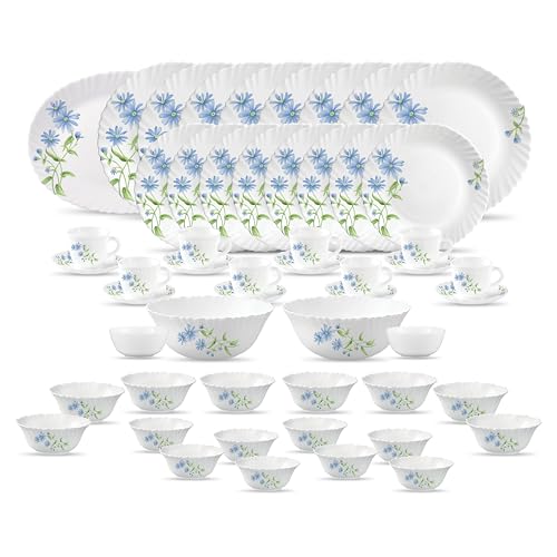 La Opala Classique Opalware Dinner Set, 53 Pcs for Family of 8, Blue Daisy