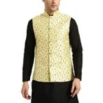 SOJANYA (Since 1958, Mens Silk Blend, Lime Green & Gold Embroidered Nehru Jacket, Size: 40
