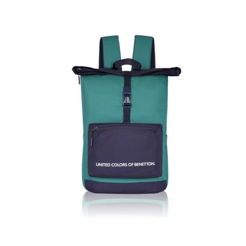 United Colors of Benetton Grand Slam 30L Roll-Top Laptop Backpack – Dark Green+Navy Color | Fits 14-inch Laptops | Secure Buckle Closure & 1-Year Warranty