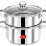 Pigeon By Stovekraft Steel X Steamer Stainless Steel Induction Base, Modak Maker/Momo Maker, Dual Compartment With Glass Lid, 4.6L Capacity, Silver, 4.6 litres