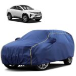 Sulfar 100% Water Resistant Car Body Cover Compatible with Mirror for Tata Curvv (Triple Stitched, Full Bottom Elastic, Blue Tafetta with Yellow Piping)