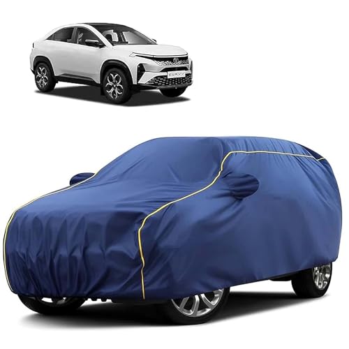 Sulfar 100% Water Resistant Car Body Cover Compatible with Mirror for Tata Curvv (Triple Stitched, Full Bottom Elastic, Blue Tafetta with Yellow Piping)