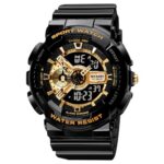 SKMEI Sport Watch with LED Screen for Men Analog-Digital Display Black-Gold Dial ABS::PU Men’s PU Black Color Stylish Band, Water-Resistant & Scratch-Resistant-1688