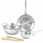 Kreme Platina Triply Stainless Steel Cookware Set 4 Pc – Superior Finish, Cool Grip Handle, Induction Compatible | 100% Non-Toxic, Nickel-Free | Frypan 1.45 L + Kadai 2.2 L & Tadka Pan 0.5 L with Lids