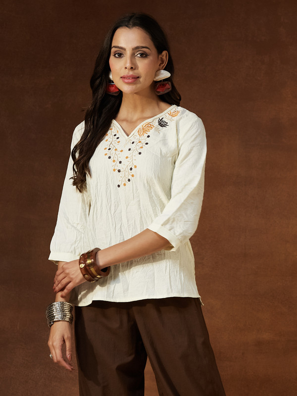 KROLIANT Casual Embroidered Women White Top