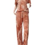 SMOWKLY Women’s Tie-Dye Pajama Set | Relaxed Fit Short Sleeve Top & Long Pants Sleepwear | Soft & Comfy Lounge Wear Set with Pockets winter wear for women | Trendy Korean Co-ord Set (1682_ORNG_L)