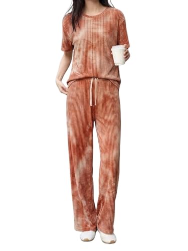 SMOWKLY Women’s Tie-Dye Pajama Set | Relaxed Fit Short Sleeve Top & Long Pants Sleepwear | Soft & Comfy Lounge Wear Set with Pockets winter wear for women | Trendy Korean Co-ord Set (1682_ORNG_L)