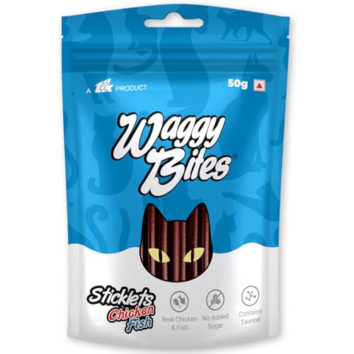Waggy Bites Sticklets Dry Chicken and Fish Bites for Cats | No Added Sugar | Contains Taurine | 50 g | Pack of 2