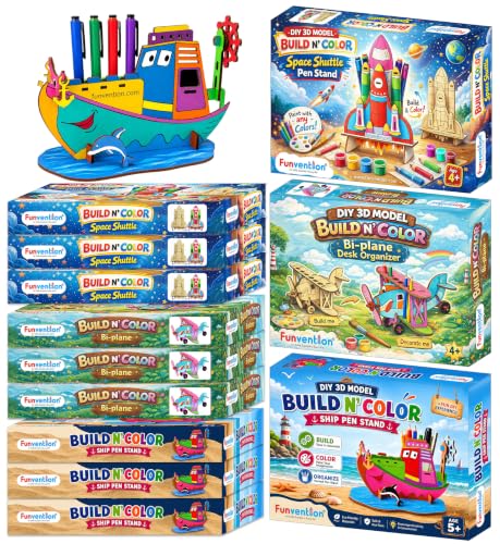 Funvention (Combo of 12) | Birthday Return Gifts |3D Ship, Space Shuttle & Biplane Desk Organizer & Pen Stand | DIY Art & Craft Activity | Build, Paint & Play | Puzzle for Kids Boys & Girls Age 4+