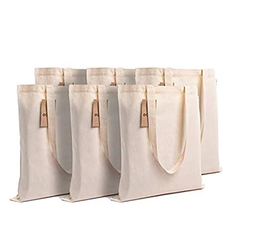 Amazon Brand – Eono 100% Cotton Canvas Tote Bags (6 Pack, 16.5 x 14.9 in) | Reusable Grocery & Shopping Bags | 15kg Capacity | Totes for DIY Painting, Crafts, Office, College & Return Gifts | Natural