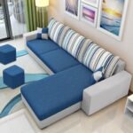 CASASTYLE- Adonia 4 Seater RHS L Shape Fabric Sofa Set with 2 Puffy, Blue-Grey