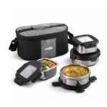 CELLO Duet Set of 4 Pcs Stainless Steel Lunch Box with Bag for Office Use, Black | 2 x 400ml Round, 2 x 400ml Square Steel Containers with Fork & Spoon, Leak Proof Airtight Steel Tiffin Box for Travel