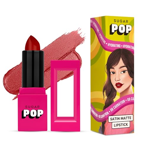 SUGAR POP Satin Matte Lipstick – 08 Carnation (Red with hints of blue) – 3 gm – Infused with Vitamin E, Shea Butter & Jojoba Oil l Ultra Pigmented, Hydrating