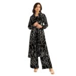 Berrylush Women Black & White Abstract Printed Spread Collar Neck Longline Top & Elastic Waist Trousers Co-Ord Set