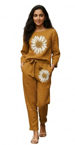 White Button new Girls sunflower Daisy Print Flax Cotton Co-ord Set – Breathable Summer 2-Piece Outfit